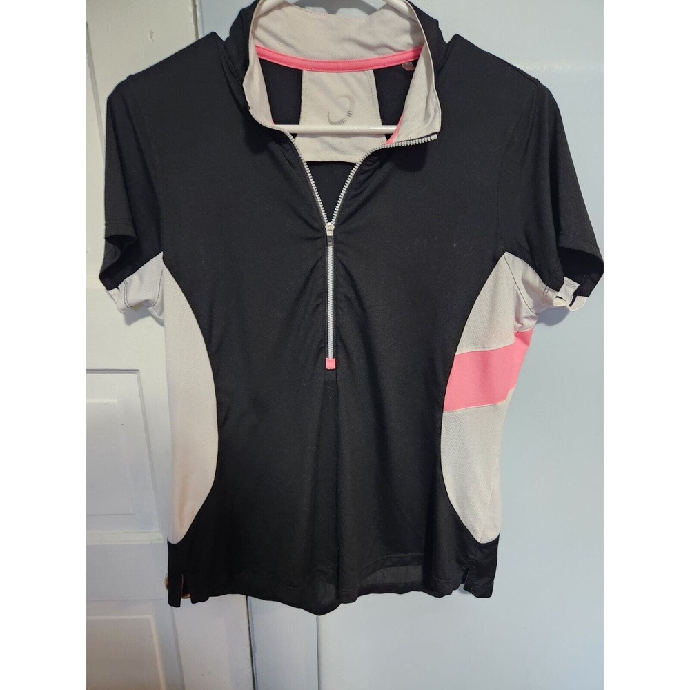 Zero Restrictions Womens 1/4 zip short sleeve size L, black with pink and white